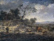 Landscape with cattle on a country road.
